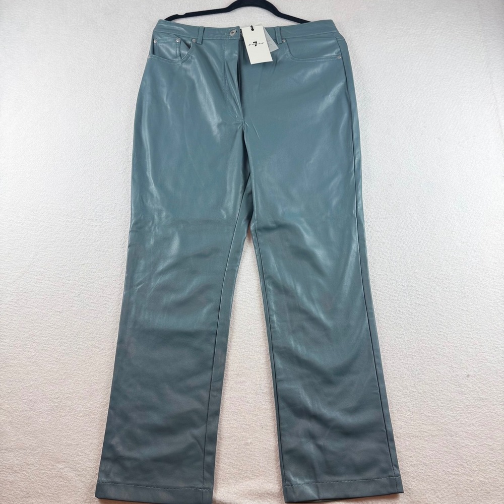 7 For All Mankind Womens Faux Leather Straight Leg Pants Slate Blue Size L NWT